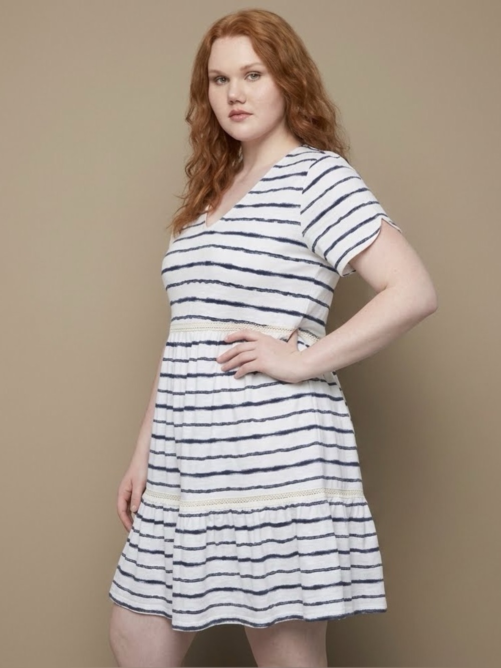 Carve Designs Gemma Dress Navy Tie Dye‎ Stripe Tiered Cotton Beach V-Neck XL